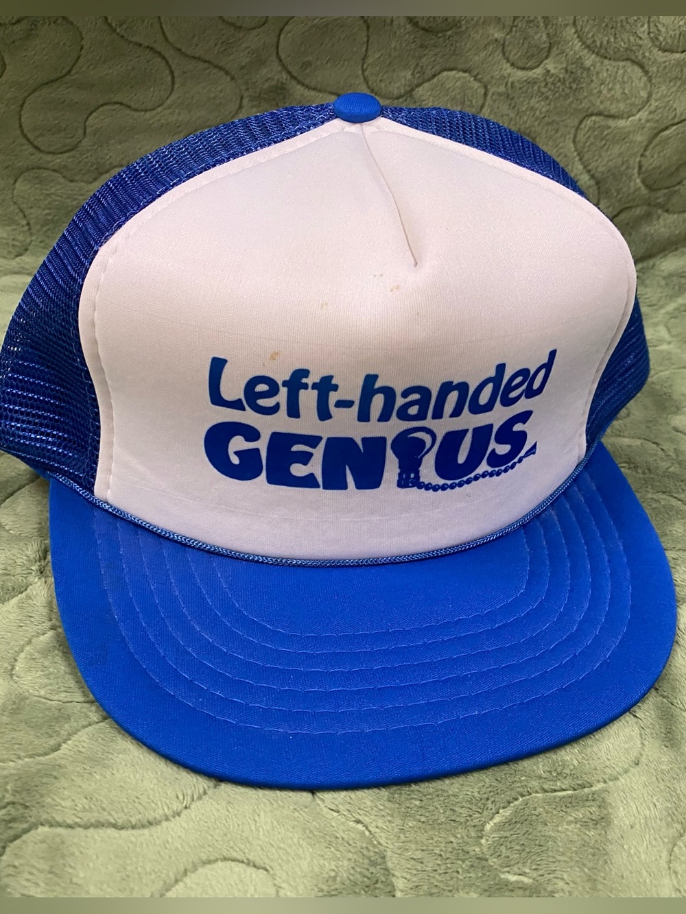 Vintage SnapBack Trucker Hat, Left-Handed Genius, Blue Mesh Rope, Novelty